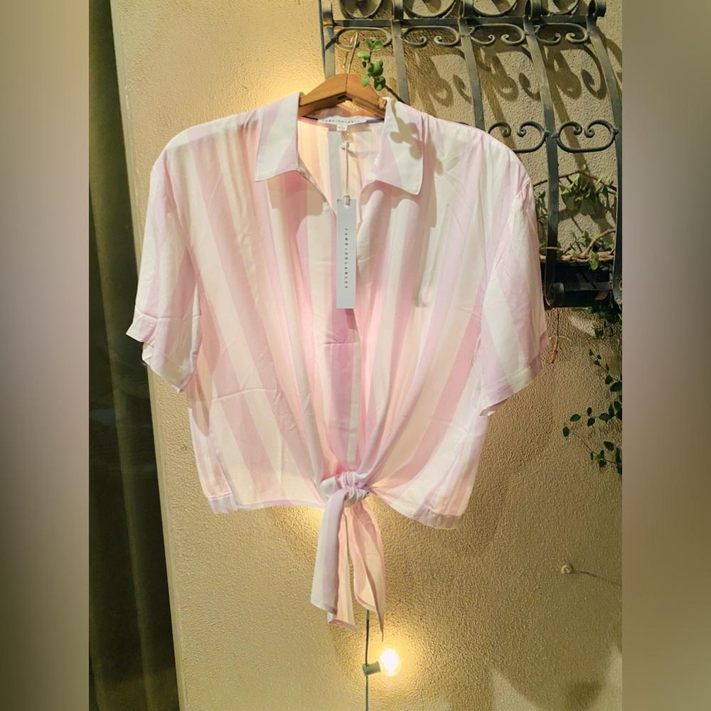 NWT pink and white striped blouse size L cropped with front tie